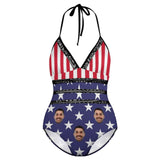 Custom #Plus-Size Swimsuit-Custom Face American Flag Swimsuits Personalized Women's New Strap One Piece Bathing Suit Celebrate Holiday - YesCustom