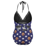 Custom #Plus-Size Swimsuit-Custom Face American Flag Swimsuits Personalized Women's New Strap One Piece Bathing Suit Celebrate Holiday - YesCustom