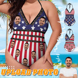 Custom #Plus-Size Swimsuit-Custom Face American Flag Swimsuits Personalized Women's New Strap One Piece Bathing Suit Celebrate Holiday - YesCustom