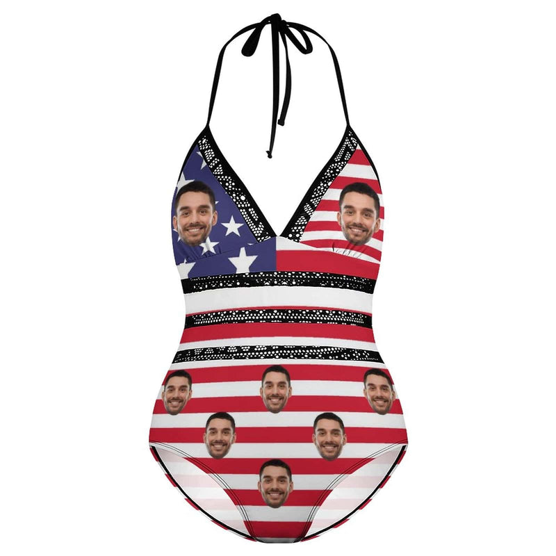 Custom #Plus-Size Swimsuit-Custom Face American Flag Swimsuits Personalized Women's New Strap One Piece Bathing Suit Celebrate Holiday - YesCustom