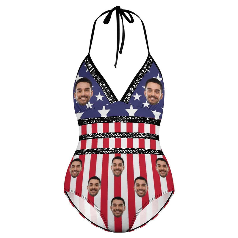 Custom #Plus-Size Swimsuit-Custom Face American Flag Swimsuits Personalized Women's New Strap One Piece Bathing Suit Celebrate Holiday - YesCustom