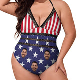 Custom #Plus-Size Swimsuit-Custom Face American Flag Swimsuits Personalized Women's New Strap One Piece Bathing Suit Celebrate Holiday - YesCustom