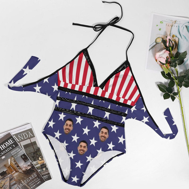 Custom #Plus-Size Swimsuit-Custom Face American Flag Swimsuits Personalized Women's New Strap One Piece Bathing Suit Celebrate Holiday - YesCustom