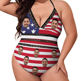 Custom #Plus-Size Swimsuit-Custom Face American Flag Swimsuits Personalized Women's New Strap One Piece Bathing Suit Celebrate Holiday - YesCustom