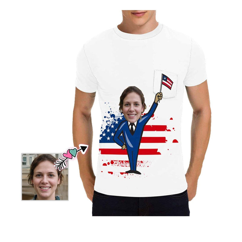 Custom #Pocket T-shirt-Custom Shirts with Faces Shake National Flag Printed Personalized Face Tee for Him - YesCustom