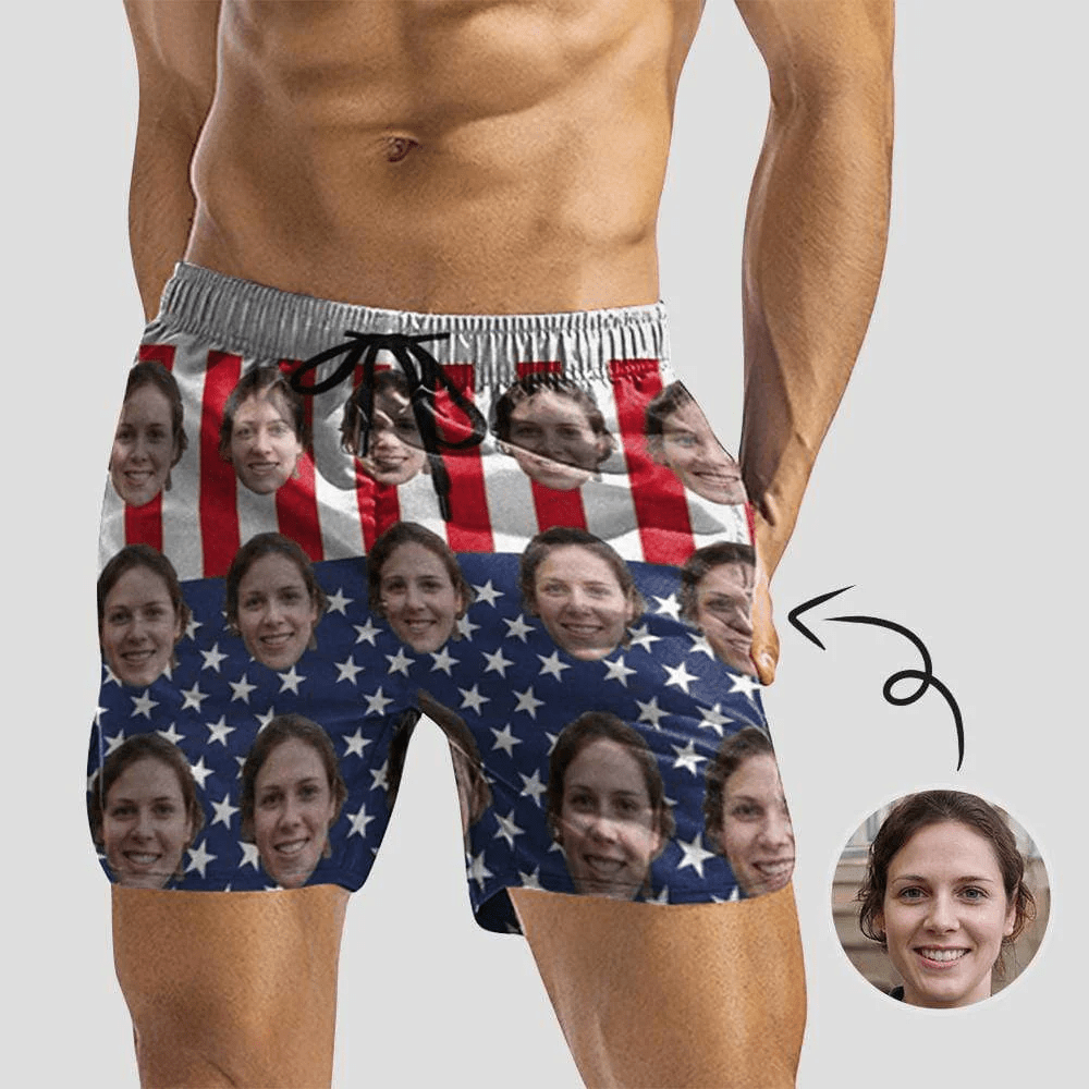 [Special Offer] Personalized Swim Trunks Custom Swimming Shorts Custom Face Stars Stripes Men's Quick Dry Swim Shorts Mens Print Swimwear with Girlfriend's Face for Vacation