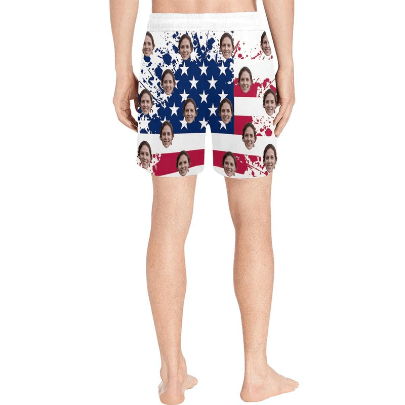 [Special Offer] Personalized Swim Trunks Custom Swimming Shorts Custom Face Stars Stripes Men's Quick Dry Swim Shorts Mens Print Swimwear with Girlfriend's Face for Vacation