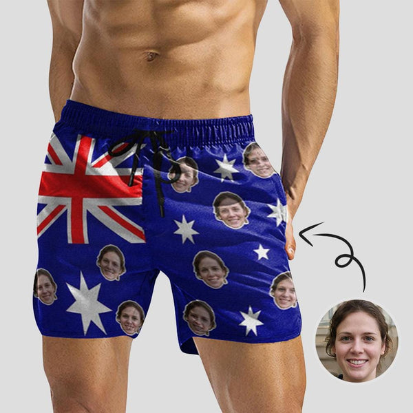 Custom Face Swimming Trunks Australian Flag Men's Quick Dry Swim Shorts Customized Swim Trunks with Girlfriend's Face