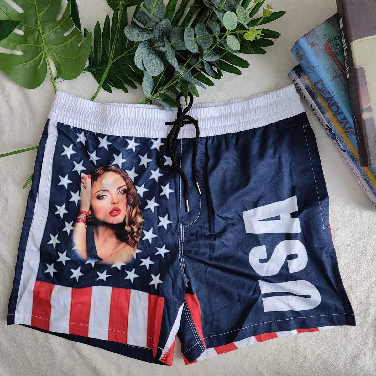 Custom Flag Swim Shorts Personalized Face Flag Men's Quick Dry Swim Shorts with Girlfriend's Face for Vacation