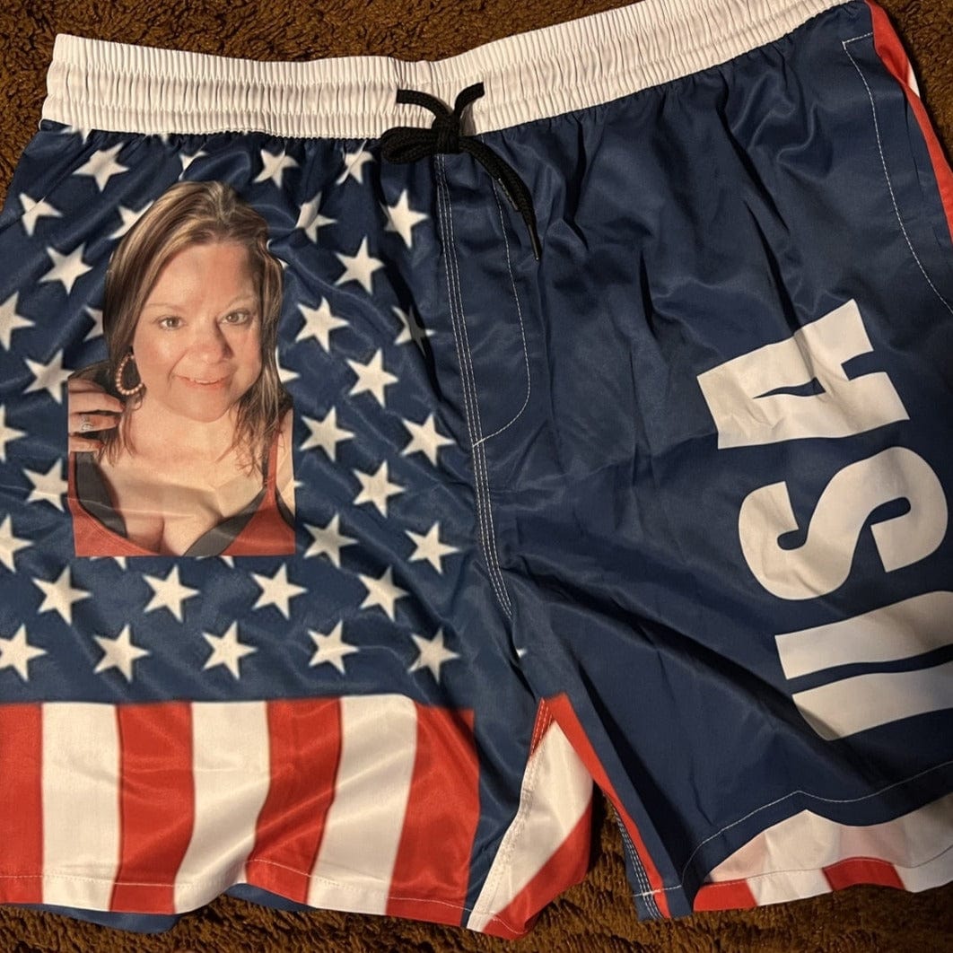 Custom Flag Swim Shorts Personalized Face Flag Men's Quick Dry Swim Shorts with Girlfriend's Face for Vacation