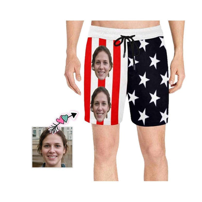 Custom Flag Swim Shorts with Personalized Face Design Stripe&Stars Men's Quick Dry Swim Shorts for Independence Day