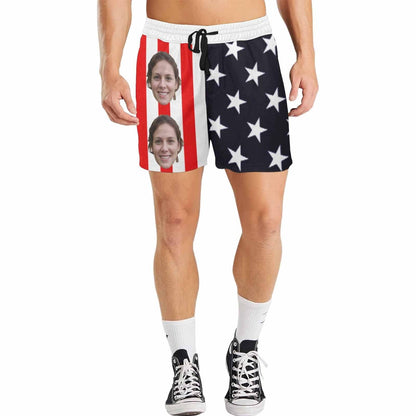 Custom Flag Swim Shorts with Personalized Face Design Stripe&Stars Men's Quick Dry Swim Shorts for Independence Day