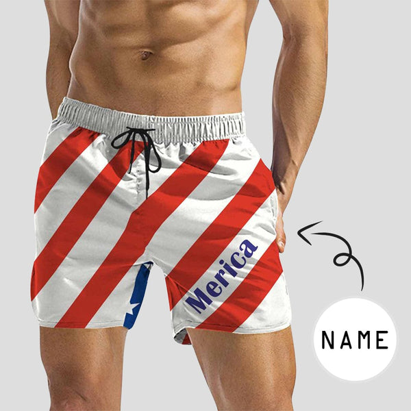 Custom Name Red White Stripes Men's Personalized Quick Dry Swim Shorts