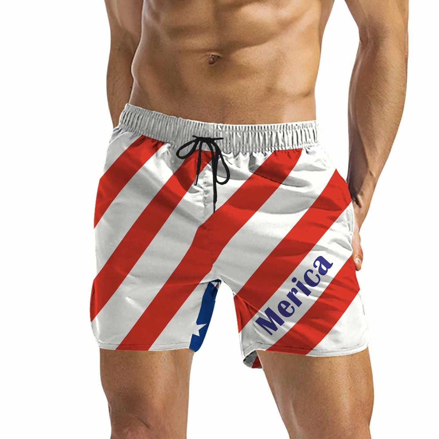 Custom Flag Swim Shorts with Personalized Name Red White Stripes Men's Quick Dry Swimming Trunks