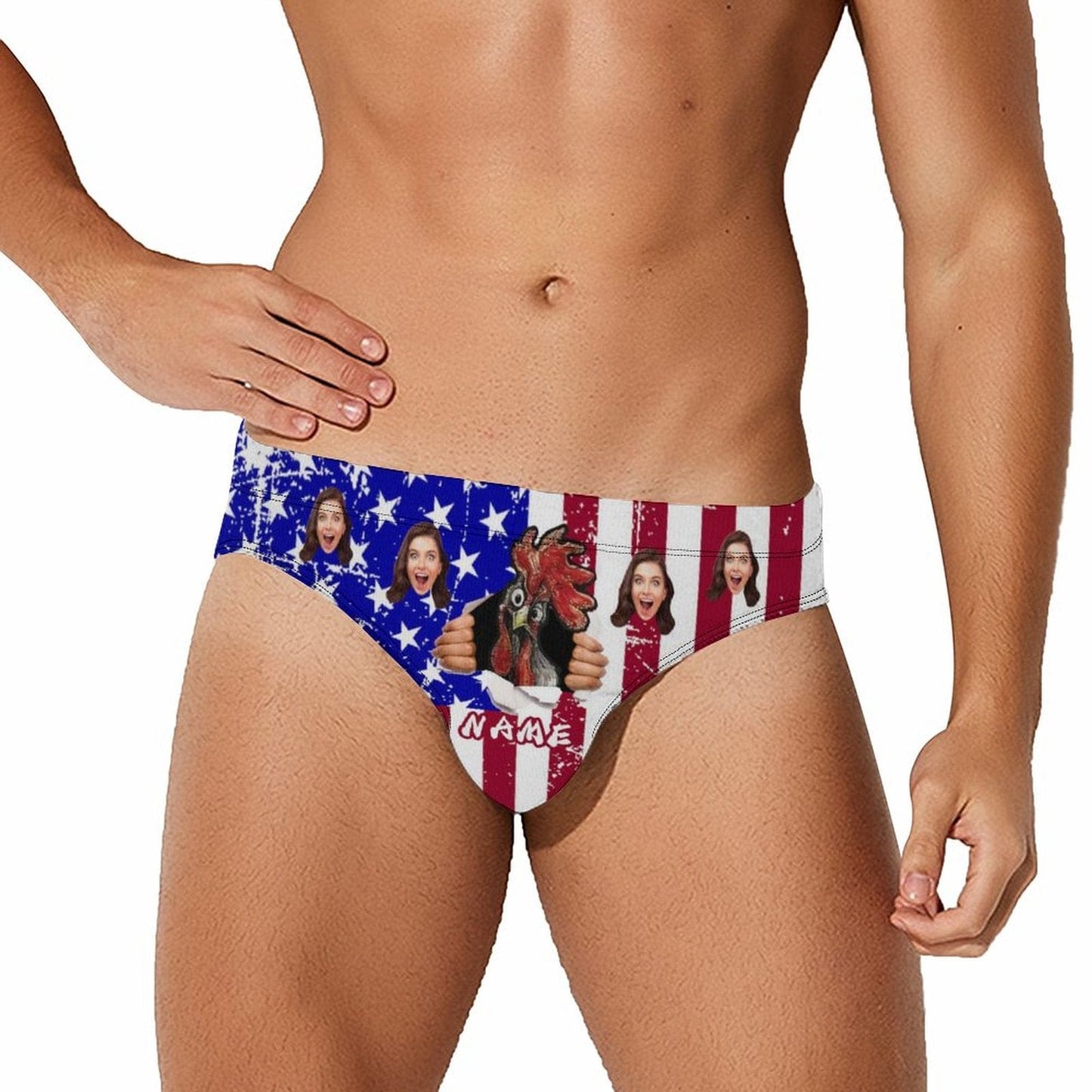 Custom Flag Swim Shorts with Photo & Name Personalized Funny Cock Men's Triangle Swim Briefs for Independence Day