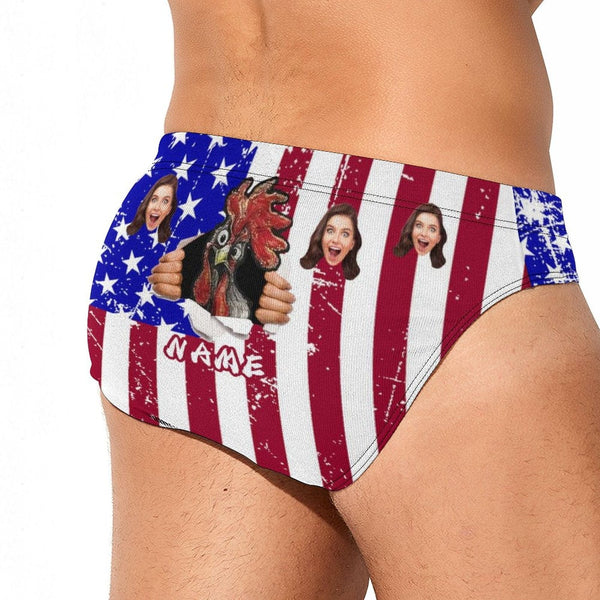 Custom Flag Swim Shorts with Photo & Name Personalized Funny Cock Men's Triangle Swim Briefs for Independence Day