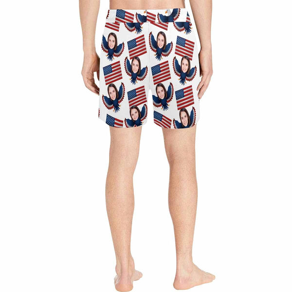 Custom Made Swim Trunks with Face Print USA Eagle Flag Men's Quick Dry Swim Shorts for Independence Day