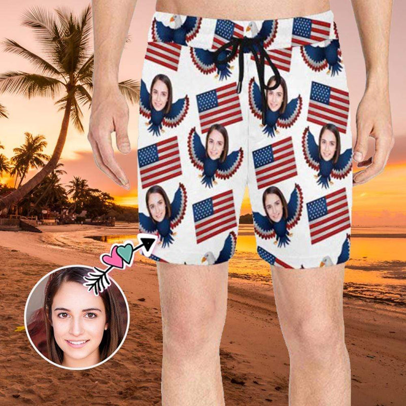 Custom Made Swim Trunks with Face Print USA Eagle Flag Men's Quick Dry Swim Shorts for Independence Day