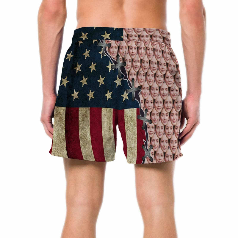 Custom Seamless Flag Swimming Trunks Personalized Men's Quick Dry Swim Shorts with Face on It for Independence Day