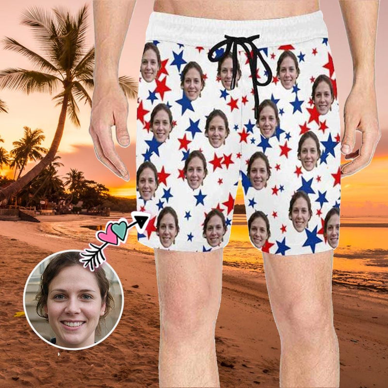 Custom Face Stars Mens Swim Shorts Personalized Funny Swim Trunks