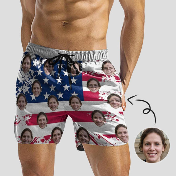 Custom Face Flag Mens Swim Shorts Personalized Funny Swim Trunks