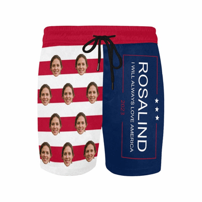 Customized Flag Swim Trunks Personalized Face & Name I Will Always Love America Men's Quick Dry Swim Shorts for Independence Day