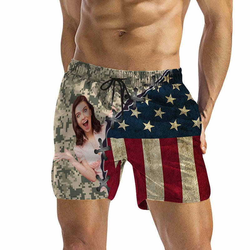 Personalized Face Swim Trunks Custom Swimming Trunks with Flag Men's Quick Dry Swim Shorts for Him