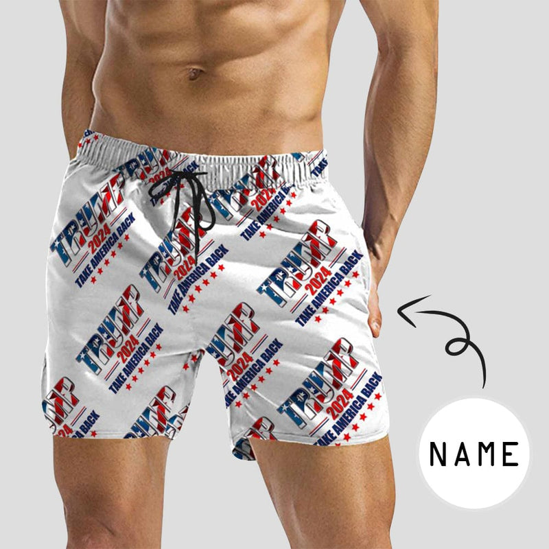 Personalized Name Swim Trunks Flag White Men's Quick Dry Swim Shorts Custom Swimming Trunks for Independence Day