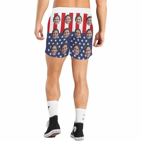 Personalized Swim Trunks Custom Face Banner Flag Men's Quick Dry Swim Shorts for Independence Day