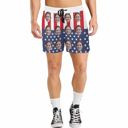 Personalized Swim Trunks Custom Face Banner Flag Men's Quick Dry Swim Shorts for Independence Day