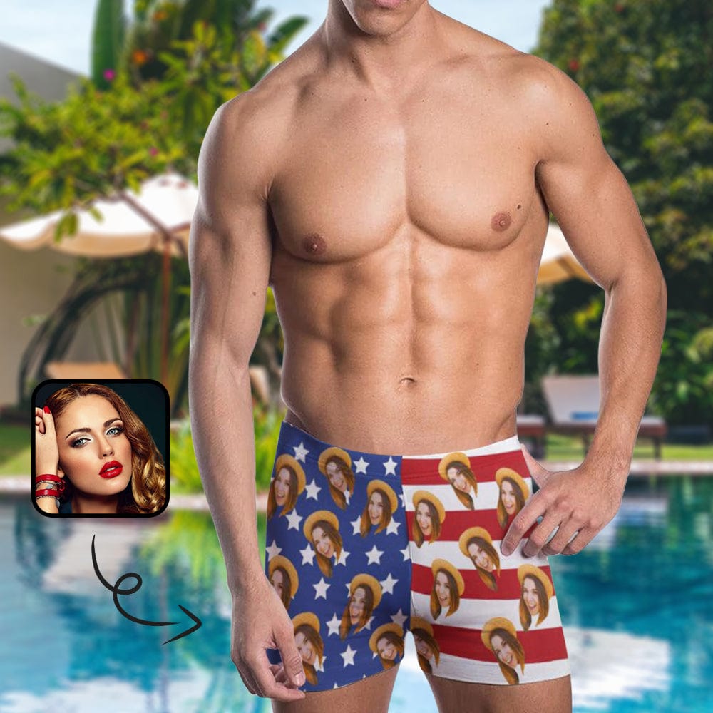 [Special Offer] Custom Face Stars Stripes Men's Swim Shorts Personalized Triangle Swim Briefs Design America Flag Style Swim Boxer Briefs Print Knee Funny Swim Trunks for Holiday