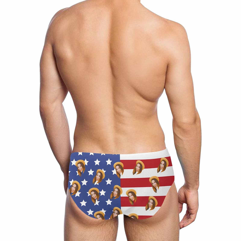 [Special Offer] Custom Face Stars Stripes Men's Swim Shorts Personalized Triangle Swim Briefs Design America Flag Style Swim Boxer Briefs Print Knee Funny Swim Trunks for Holiday