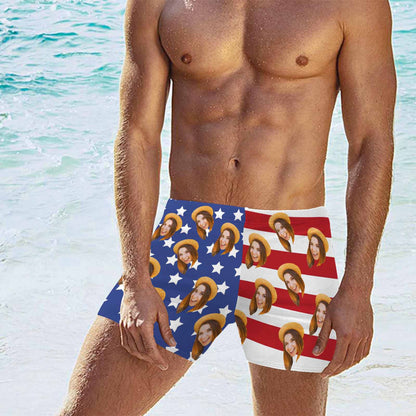 [Special Offer] Custom Face Stars Stripes Men's Swim Shorts Personalized Triangle Swim Briefs Design America Flag Style Swim Boxer Briefs Print Knee Funny Swim Trunks for Holiday