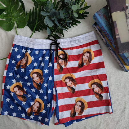 [Special Offer] Personalized Swim Trunks Custom Swimming Shorts Custom Face Stars Stripes Men's Quick Dry Swim Shorts Mens Print Swimwear with Girlfriend's Face for Vacation