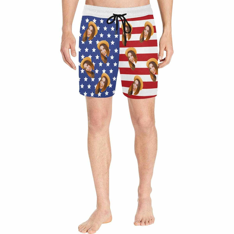 [Special Offer] Personalized Swim Trunks Custom Swimming Shorts Custom Face Stars Stripes Men's Quick Dry Swim Shorts Mens Print Swimwear with Girlfriend's Face for Vacation