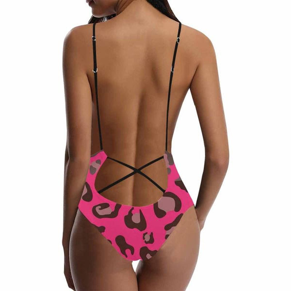 Custom?Boyfriend?Swimsuit Pink Leopard Print Personalized Women's Lacing Backless One-Piece Bathing Suit Party For Her