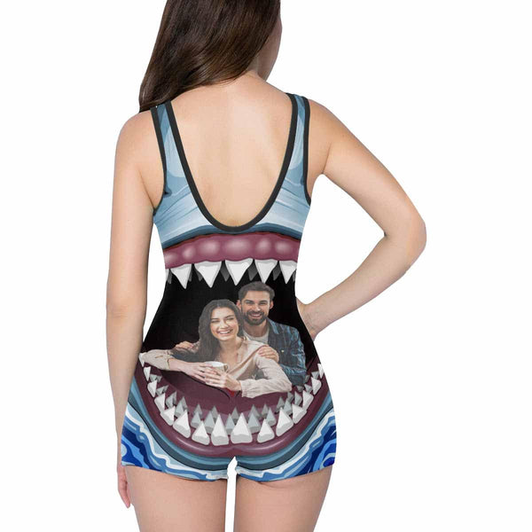 Custom Couple Face Shark Women's One Piece Boyleg Swimsuit