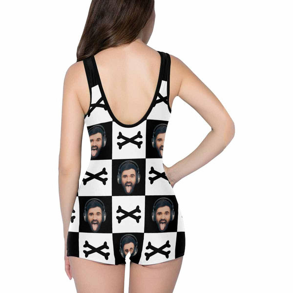 Custom Face Crossbones Swimsuit Personalized Women's One Piece Boyleg Bathing Suit Funny Gift Idea