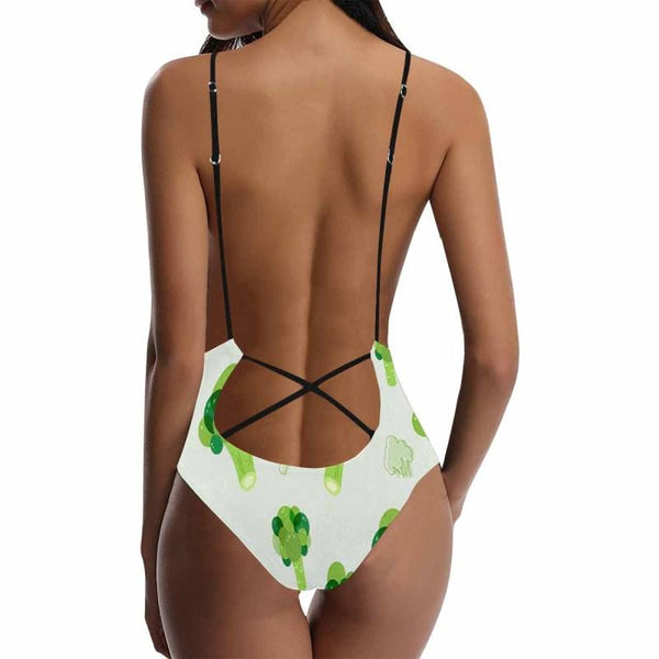 Custom Face Green Women's Lacing Backless One-Piece Swimsuit