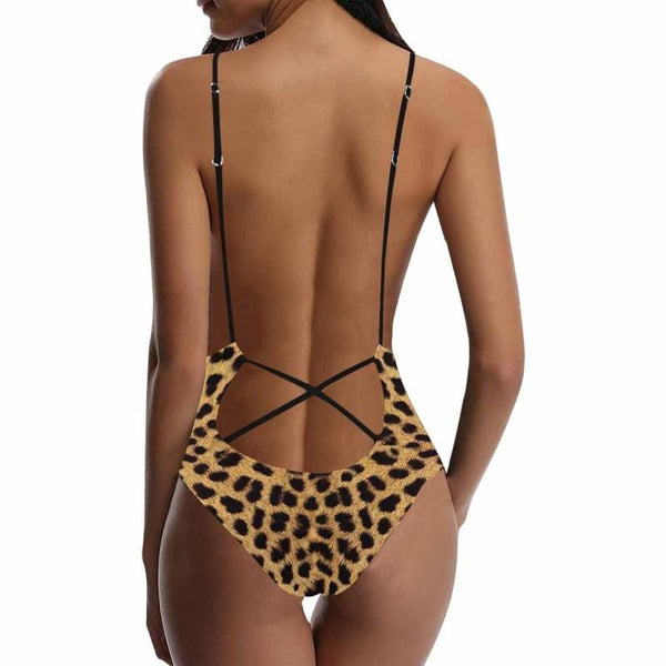 Custom Face Leopard Sexy Swimsuit Personalized Women's Lacing Backless One-Piece Swimsuit Bathing Suit Honeymoons Girlfriend Gift