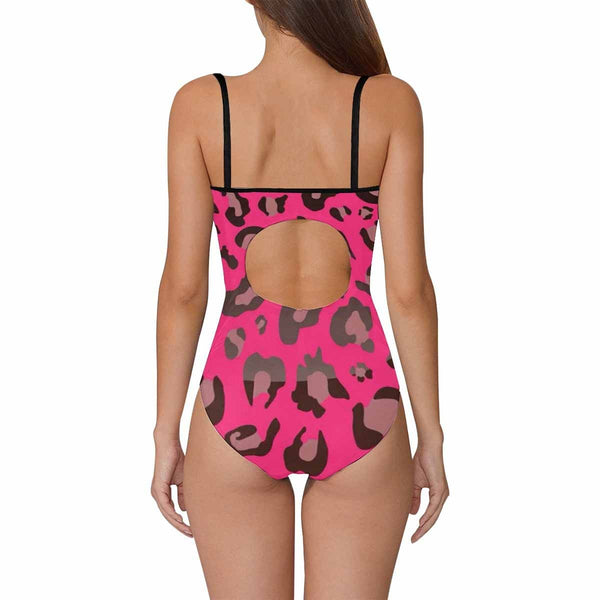 Custom Face Pink Swimsuits Personalized Leopard Women's Slip One Piece Bathing Suits Girlfriend Gift