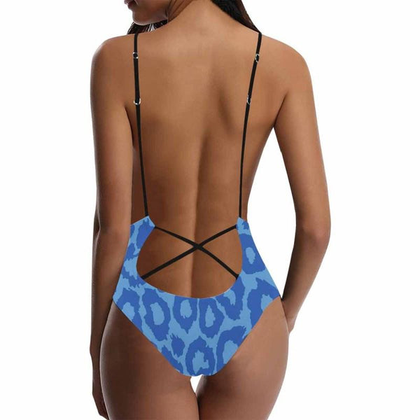 Custom Face Swimsuit Blue Leopard Print Personalized Women's Lacing Backless One-Piece Bathing Suit Honeymoons Party