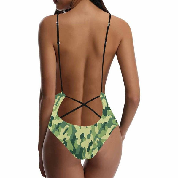 Custom Face Swimsuit Camo Style Personalized Women's Lacing Backless One-Piece Bathing Suit Honeymoons For Her