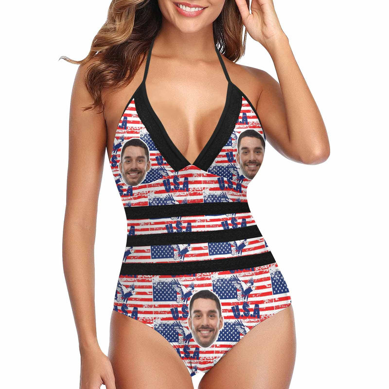 Custom US Flag Face Swimsuit Personalized Women's New Strap One Piece Bathing Suit Celebrate Holiday Party