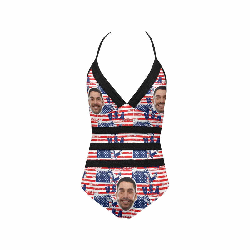 Custom US Flag Face Swimsuit Personalized Women's New Strap One Piece Bathing Suit Celebrate Holiday Party