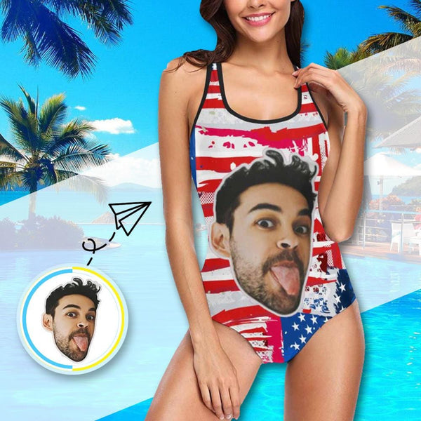 July 4-4th of July Boat Trip Beach Cruise Outfit Custom Boyfriend Face Swimsuit Personalized USA Flag Women's One Piece Bathing Suit Celebrate Holiday Funny Party