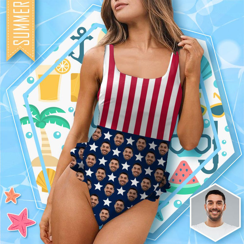 Custom #Trip Flagbathingsuit#Independence Day-Custom Face Stars&Stripes Swimsuit Personalized Women's Ruffle One Piece Bathing Suit Celebrate Holiday - YesCustom