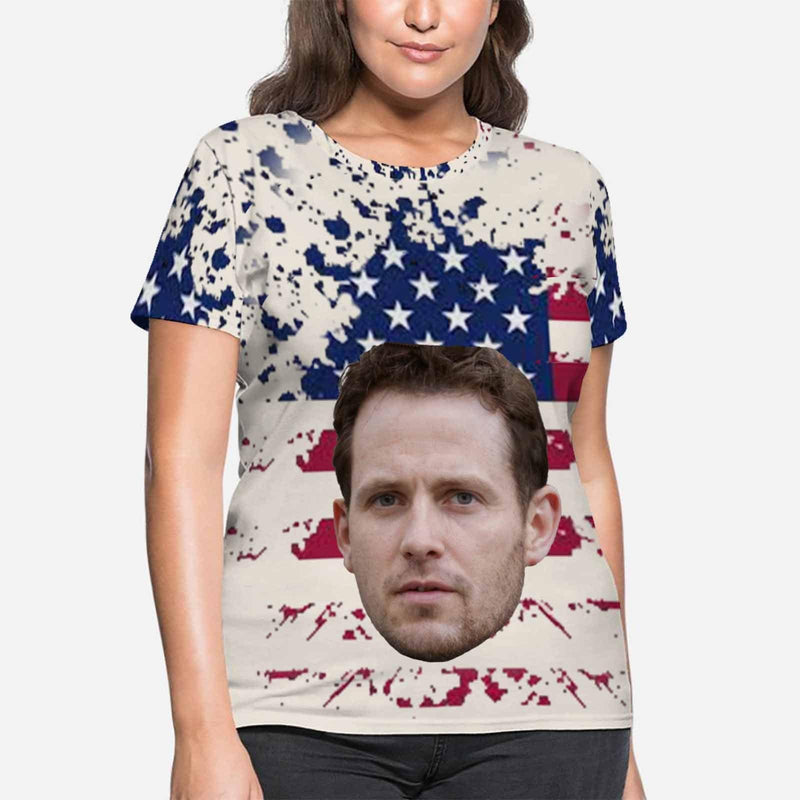 Custom Face Shirt American Flag Women's All Over Print T-shirt  Design Tee with Picture for Independence Day