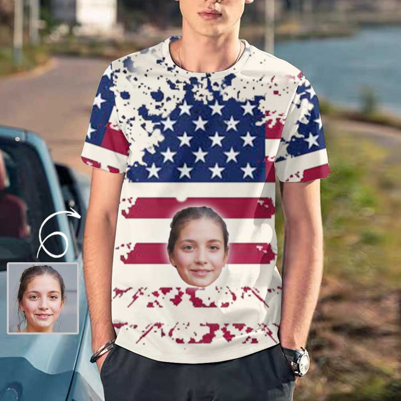 Custom Face Shirt American Flag Women's All Over Print T-shirt  Design Tee with Picture for Independence Day