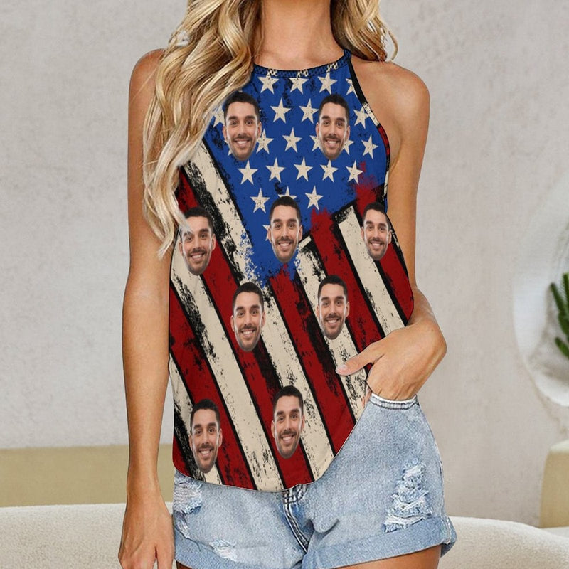 Women's Top with Custom Face American Flag Summer Halterneck Strapless Vest Print Tank Tops with Photo for Independence Day